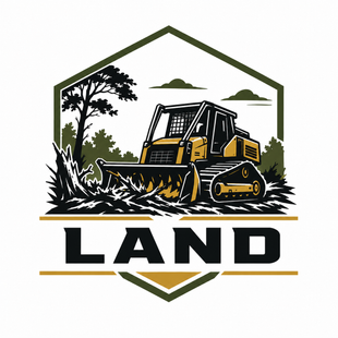 Logo of a yellow bulldozer in a hexagon with trees and the word “LAND” below