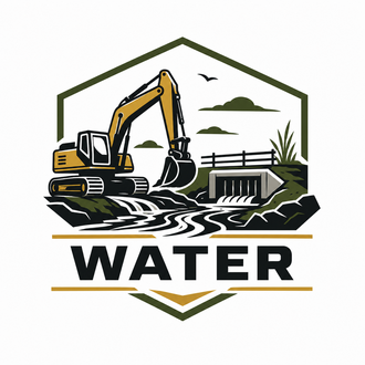 Excavator by a waterway with “WATER” text in a green-outlined emblem