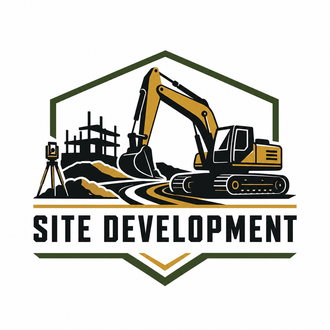 Site development logo with excavator, construction site, and bold text on a white background
