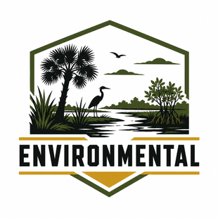Environmental logo with a green hexagon, wetland scene, and bold black text on a white background