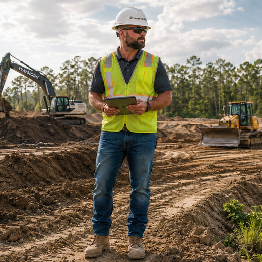 Construction worker in a white hard hat and neon vest standing on a dirt job site with excavators in the background