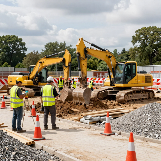 Construction workers and two yellow excavators at a roadworks site with cones and gravel.