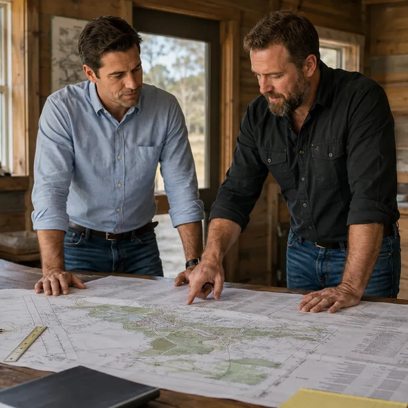 Two men lean over a large architectural blueprint on a table inside a wooden cabin.