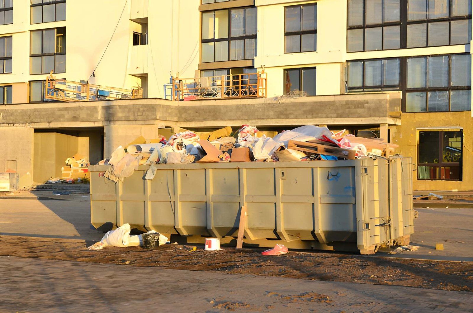 Overflowing dumpster outside an apartment building, filled with trash bags and scattered debris at sunset