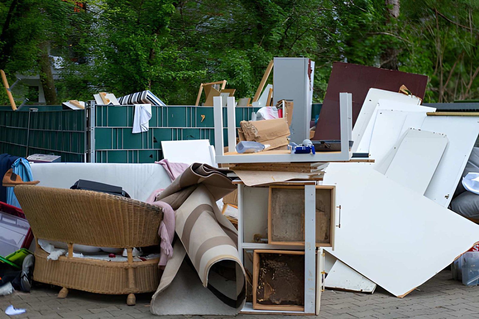 Outdoor pile of discarded furniture and household debris by a fence and trees
