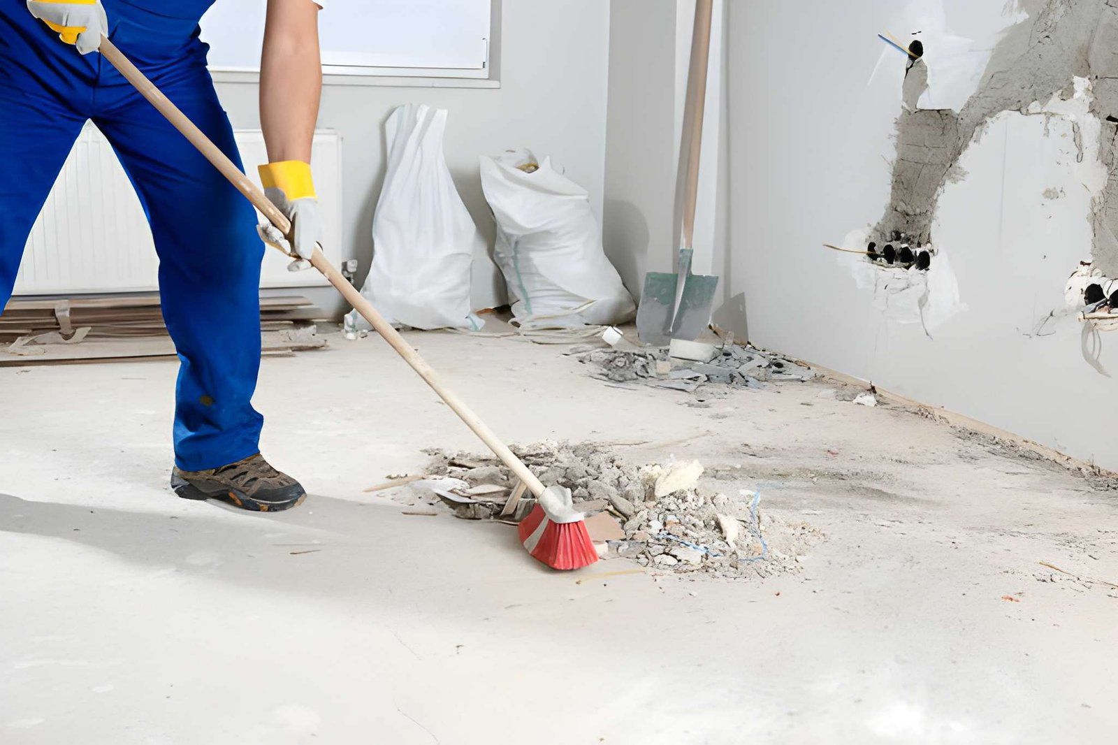 Worker sweeping debris during indoor renovation with a red broom and dustpan