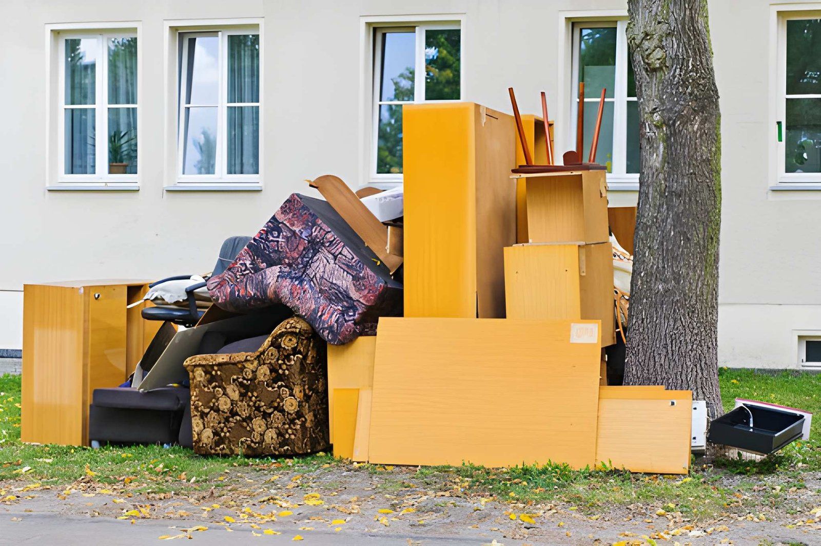 Piles of discarded furniture and cardboard outside a building, with a tree in the foreground.