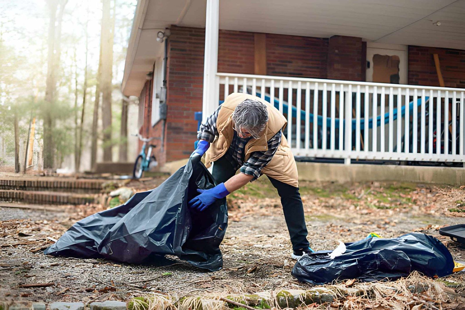 Person raking leaves in a yard beside a porch, with a black tarp and autumn trees nearby