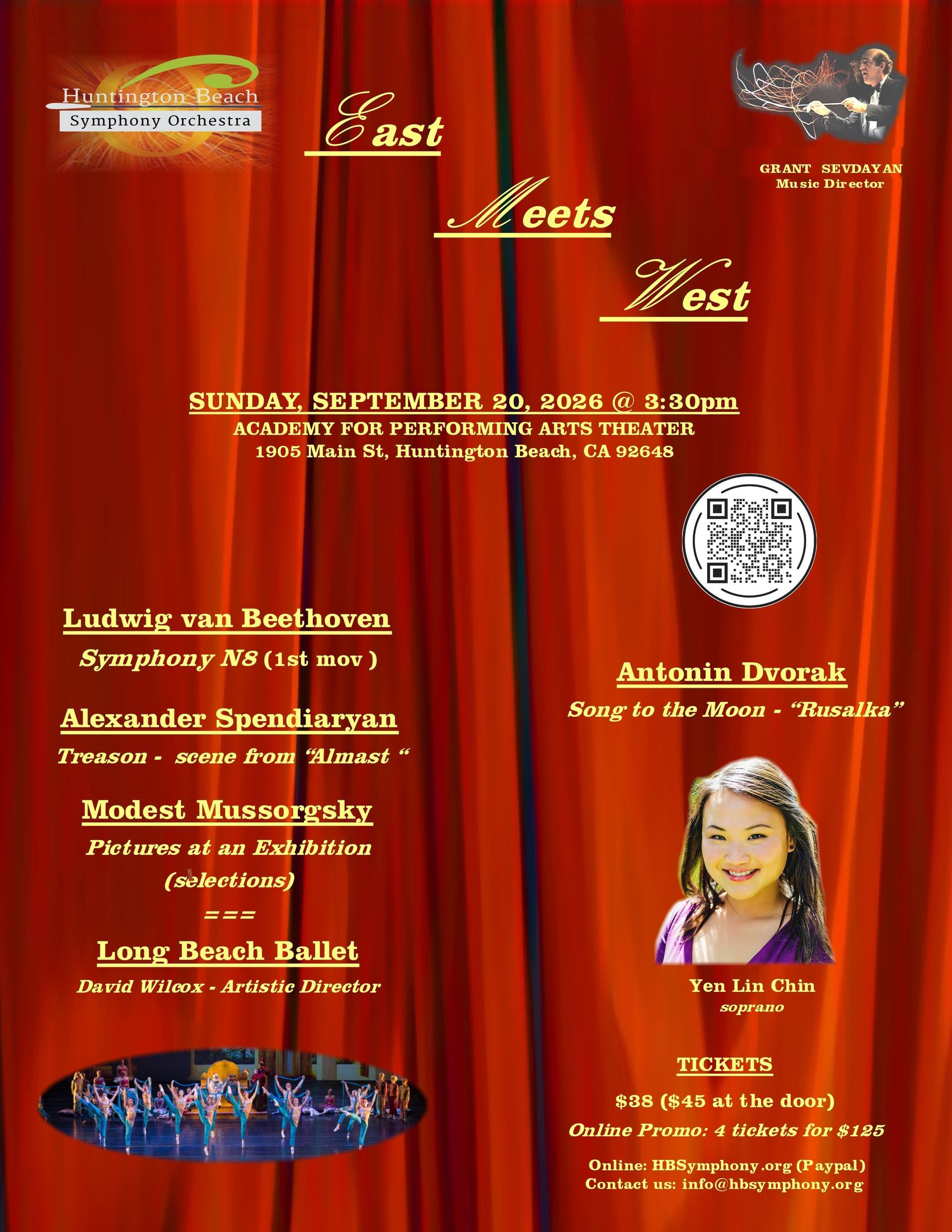 HB Symphony Red theatrical event poster with performers’ photos, dates, and venue details in gold and white text
