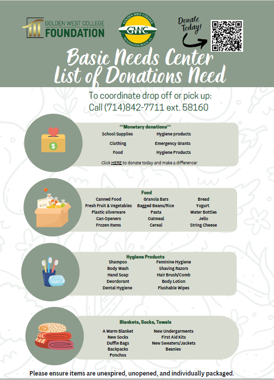 Goldenwest College Foundation needs list A basic needs center list of donations need