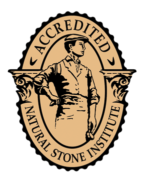 Natural Stone Institute accredited seal with a man illustration and tan and black circular text