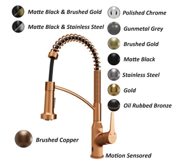 Motion-sensor kitchen faucet in brushed copper with finish options labeled around it.