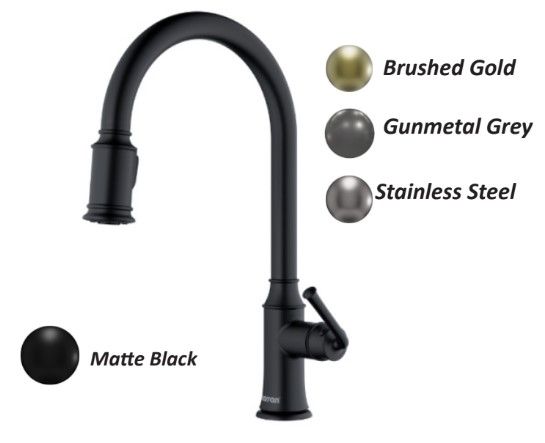 Curved kitchen faucet in matte black, with color options labeled brushed gold, gunmetal grey, and stainless steel