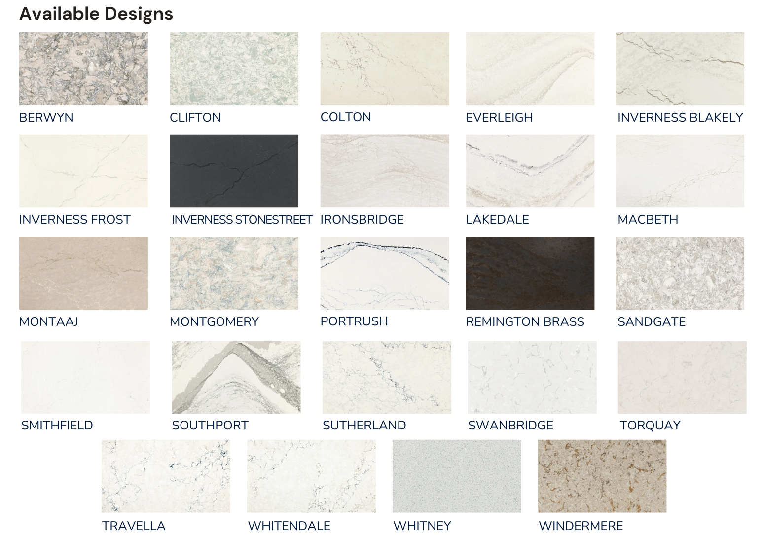 Swatch chart of available countertop designs with labeled stone and wood finishes