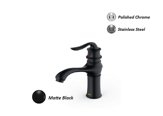 Black matte bathroom faucet shown in polished chrome, stainless steel, and matte black finishes