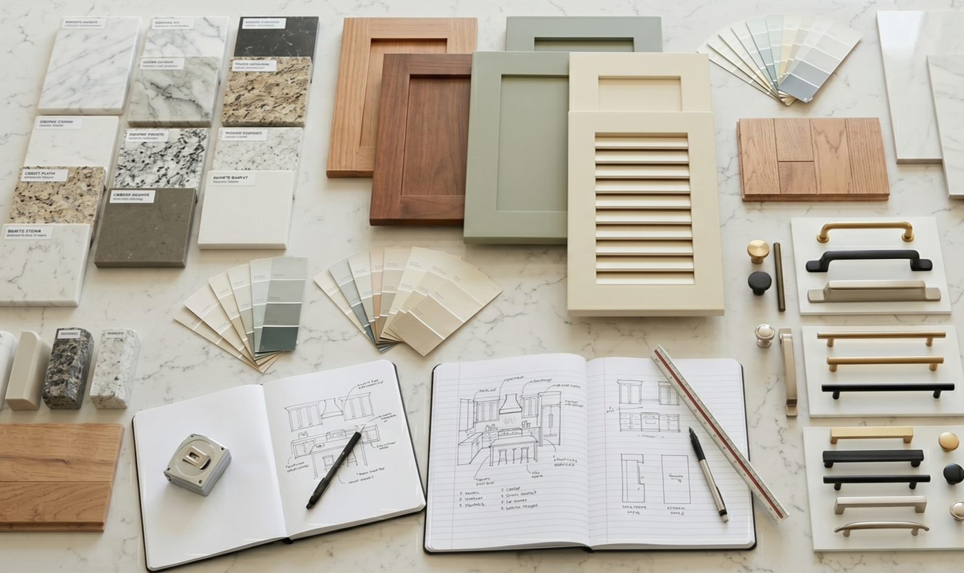 Architectural design mood board with wood samples, cabinet door mockups, hardware, and sketchbook plans