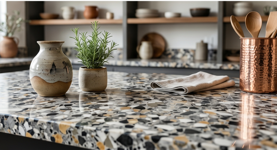 Terrazzo kitchen countertop with a vase, potted herb, utensils, and folded towels in a modern kitchen