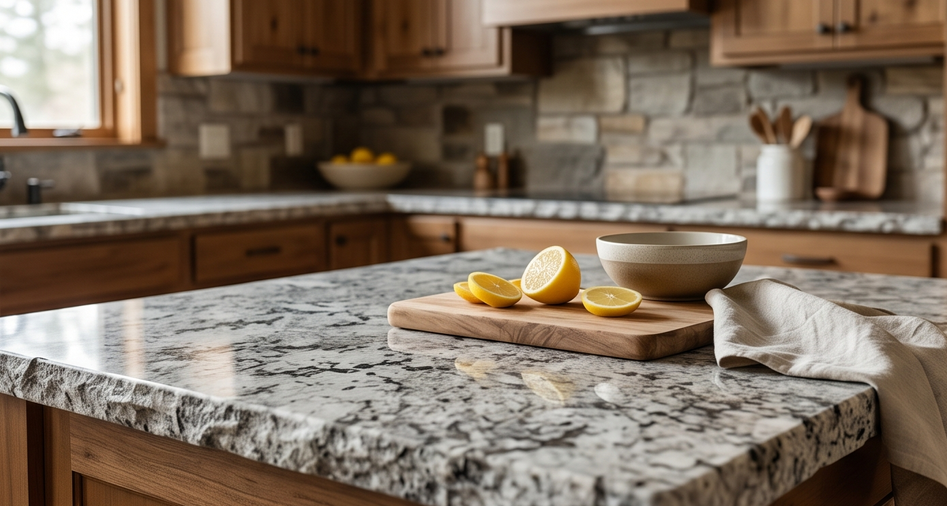 Granite kitchen island with a cutting board, sliced lemons, and a bowl in a warm wood kitchen.