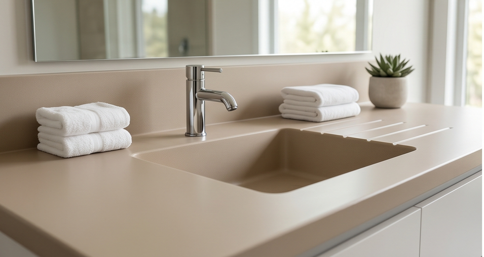 Beige bathroom vanity with built-in sink, chrome faucet, folded towels, and a small potted plant