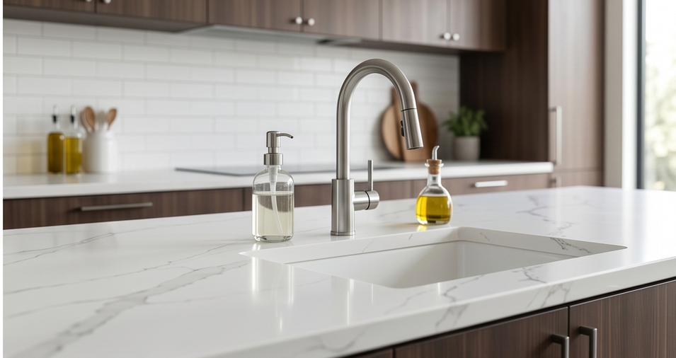 Modern kitchen with white marble island, stainless faucet, and glass soap dispensers by the sink
