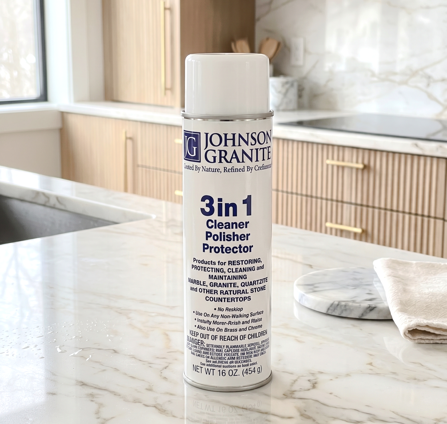 Johnson Granite 3-in-1 cleaner, conditioner and polish spray on a light marble kitchen countertop