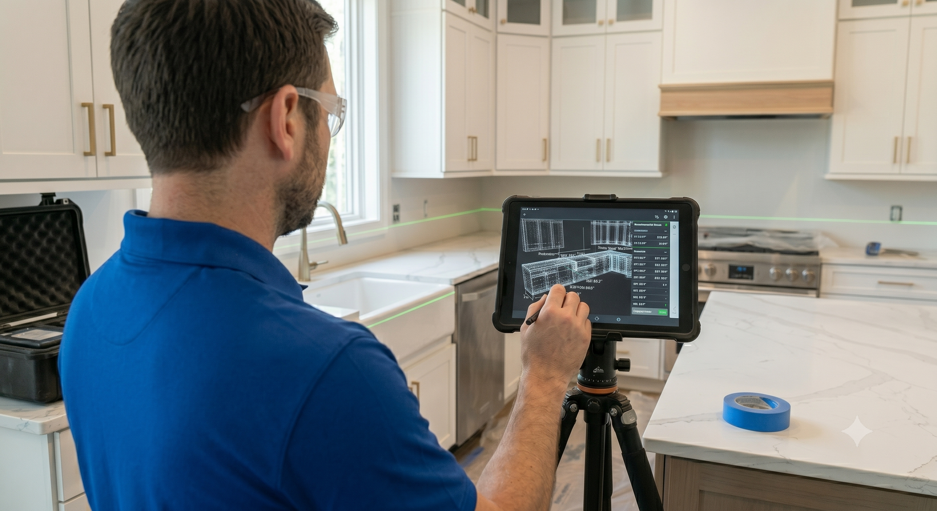 Person in a blue shirt using a tablet on a tripod in a bright kitchen area to provide exact counter top measurements