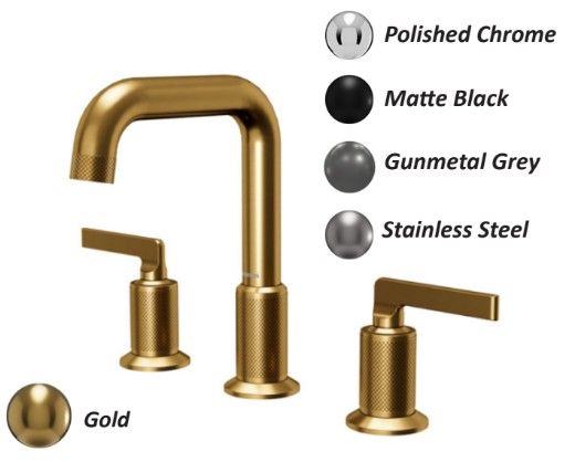 Gold bathroom faucet set with finish options: polished chrome, matte black, gunmetal grey, stainless steel.