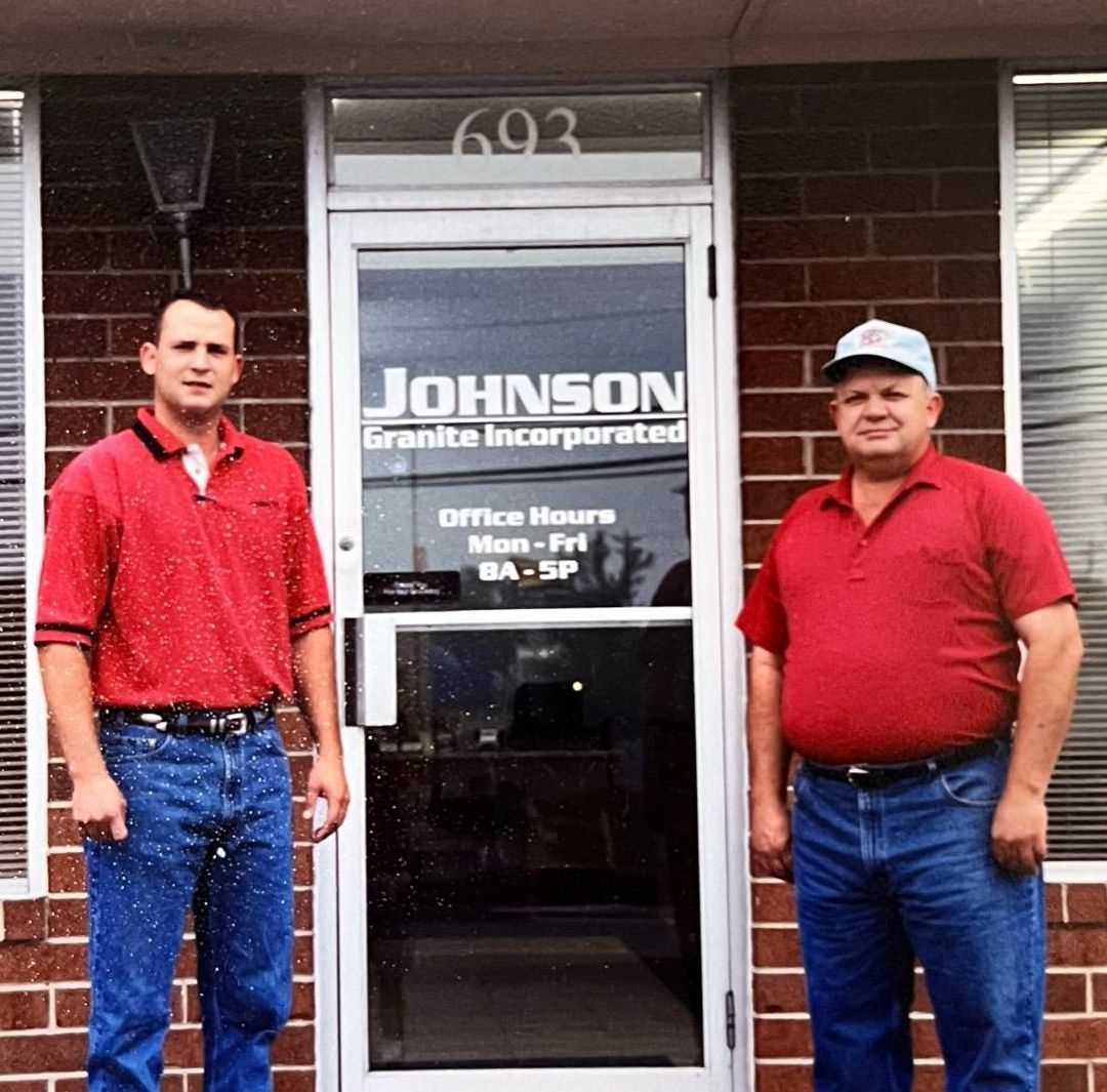 Brian and Larry Johnson outside the original Johnson Granite storefront in Mount Airy, NC in 2000