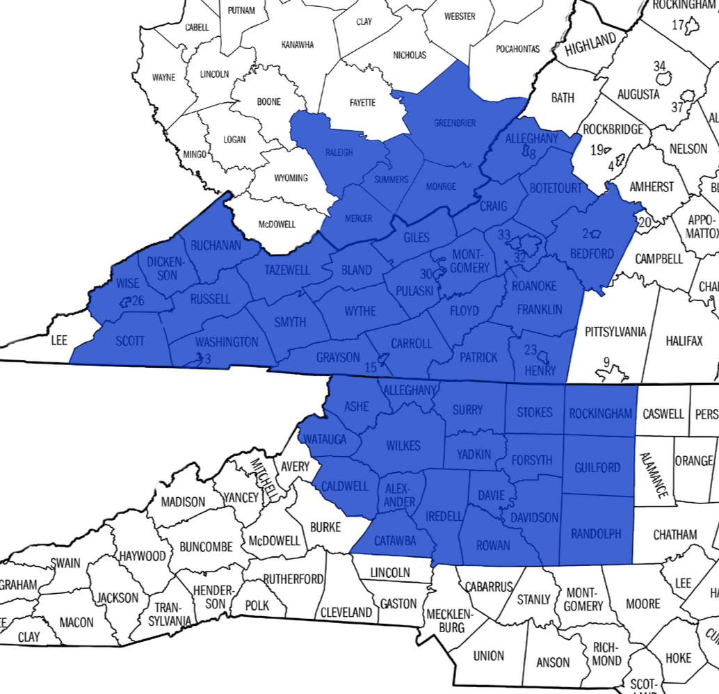 Blue-highlighted county service map centered on a region in Virginia, with surrounding counties labeled in black.  