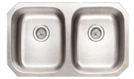 Top-down view of a double-basin stainless steel kitchen sink with two drains