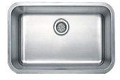 Stainless steel kitchen sink with drain centered near the top end