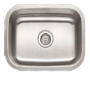 Stainless steel kitchen sink with rounded corners and center drain