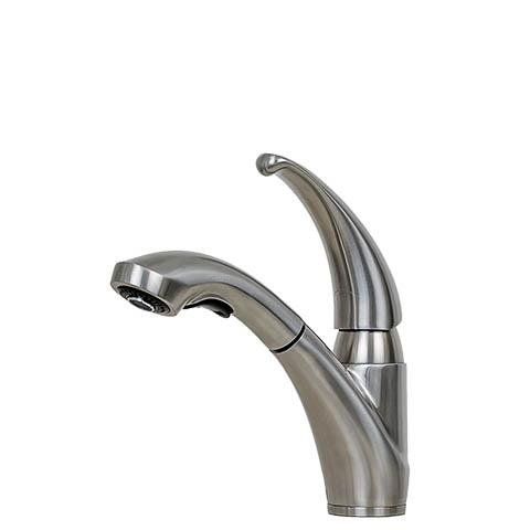 Stainless steel kitchen faucet with curved spout and single handle on white background