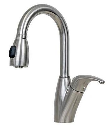 Stainless steel kitchen faucet with curved spout and pull-down spray head