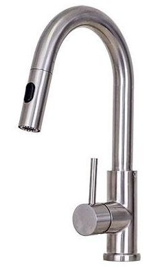 Modern stainless steel kitchen faucet with curved spout and single lever handle
