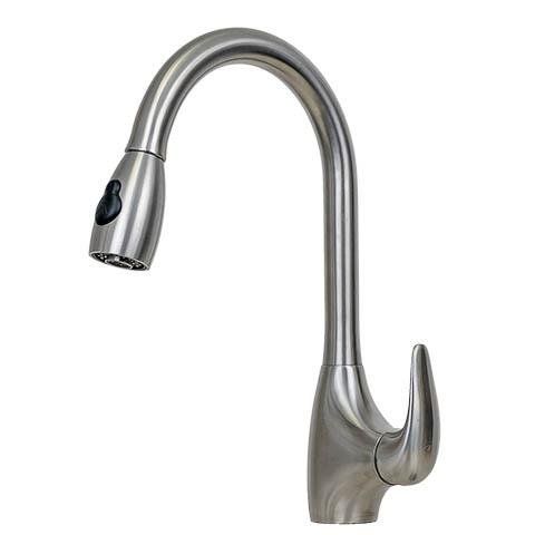 Stainless steel pull-down kitchen faucet with curved neck and side lever handle