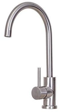 Modern chrome kitchen faucet with high curved spout and single lever handle