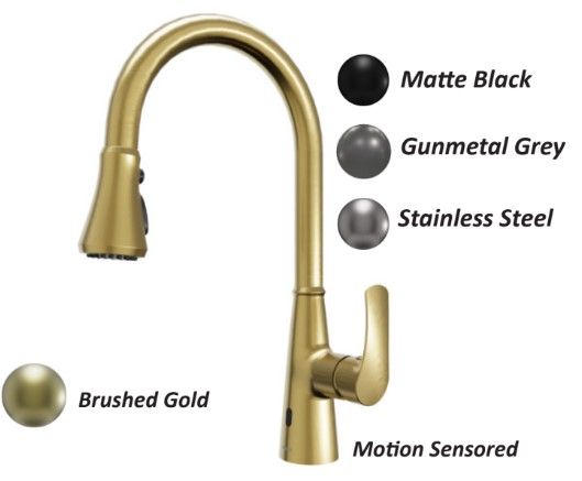 Brushed gold motion-sensor kitchen faucet with matte black, gunmetal grey, and stainless steel finish options