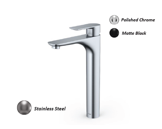 Modern chrome faucet with finish options labeled polished chrome, matte black, and stainless steel