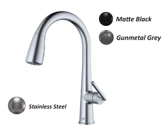 Kitchen faucet in stainless steel with matte black and gunmetal grey finish options displayed