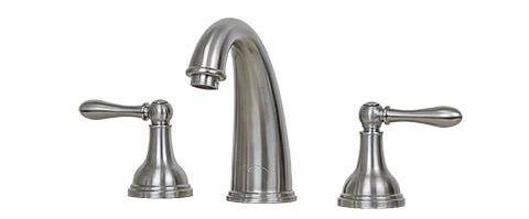 Chrome bathroom sink faucet with two handles and a curved spout