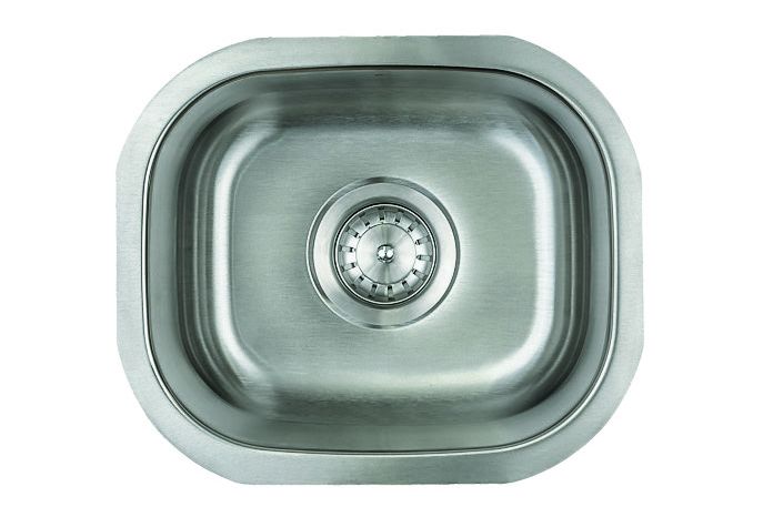 Top-down view of a stainless steel kitchen sink with drain in the center