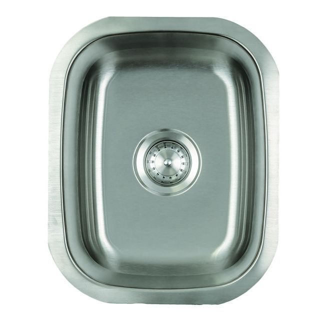 Stainless steel kitchen sink, top view, with centered drain