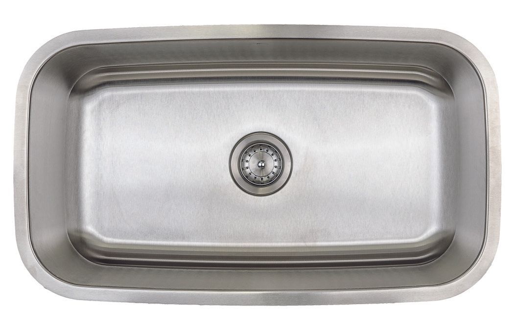 Stainless steel kitchen sink with central drain on a white background