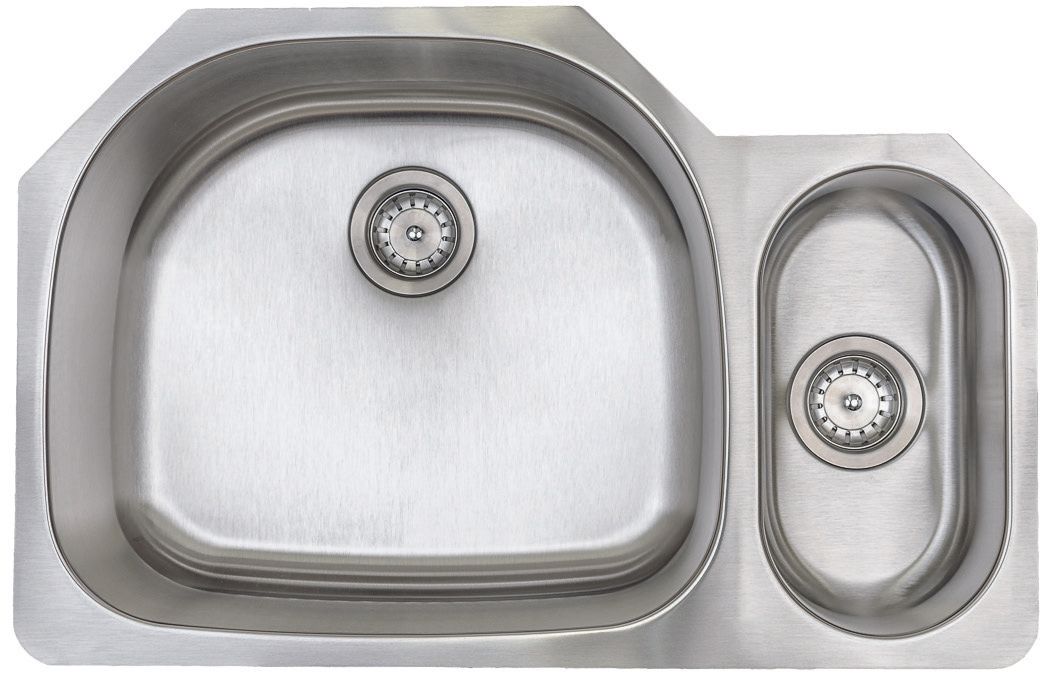 Stainless steel double kitchen sink with two basins and drains, viewed from above
