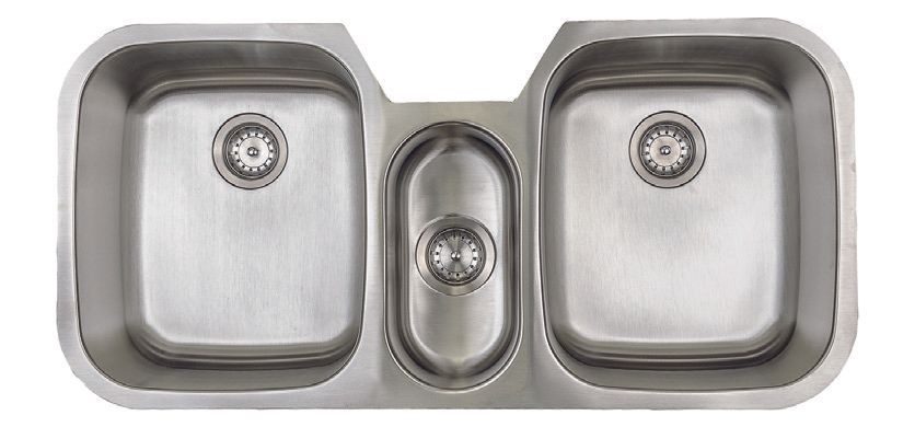 Stainless steel kitchen sink with two basins and a center drainboard