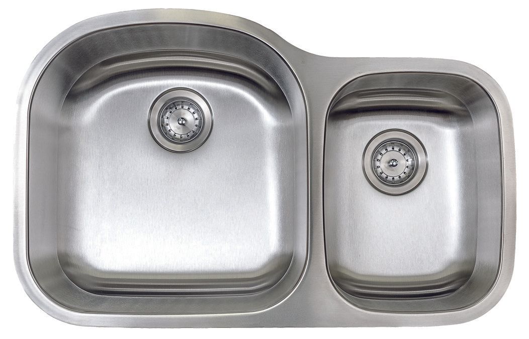 Stainless steel double kitchen sink with one large basin and one small basin, each with a drain.