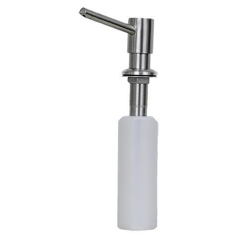 Stainless steel soap dispenser with a white bottle and angled pump handle on a white background