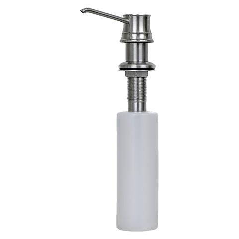 White soap dispenser with chrome pump and long spout on a plain background
