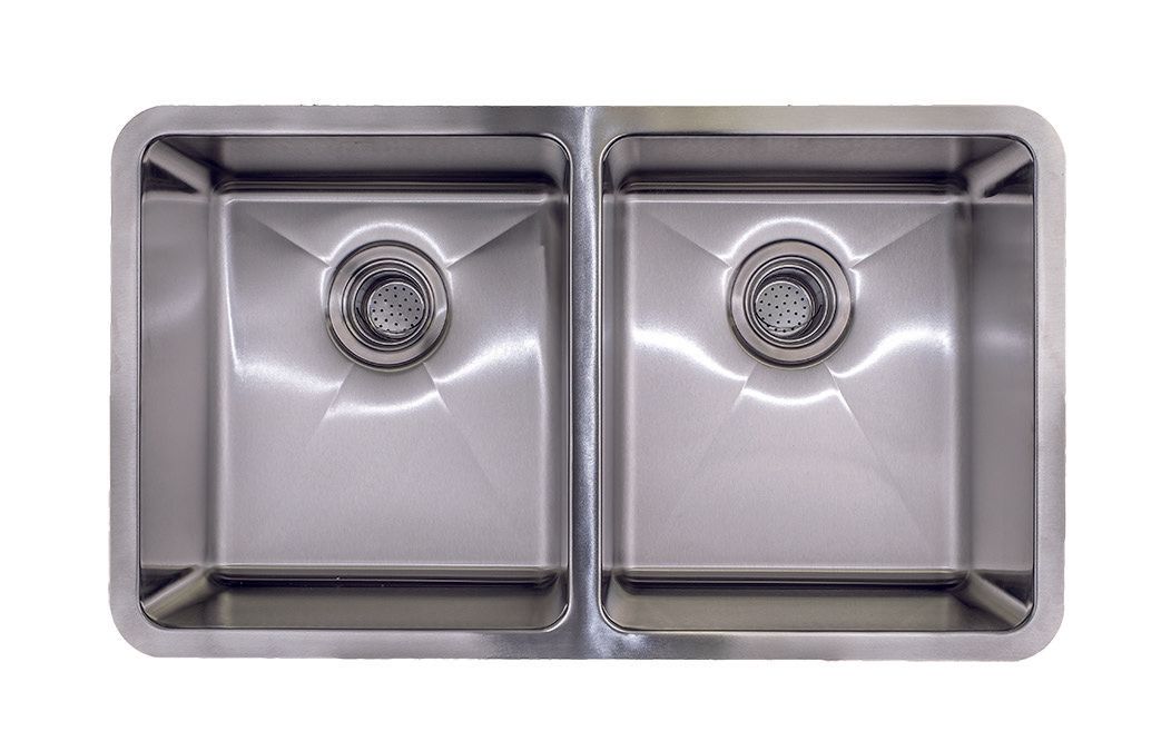 Top-down view of a double stainless steel kitchen sink with two basins and drains